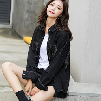 

Loose Slim Fit Fashion Patchwork Denim Coat Women Clothes Autumn Beaded Tassel Black Jacket