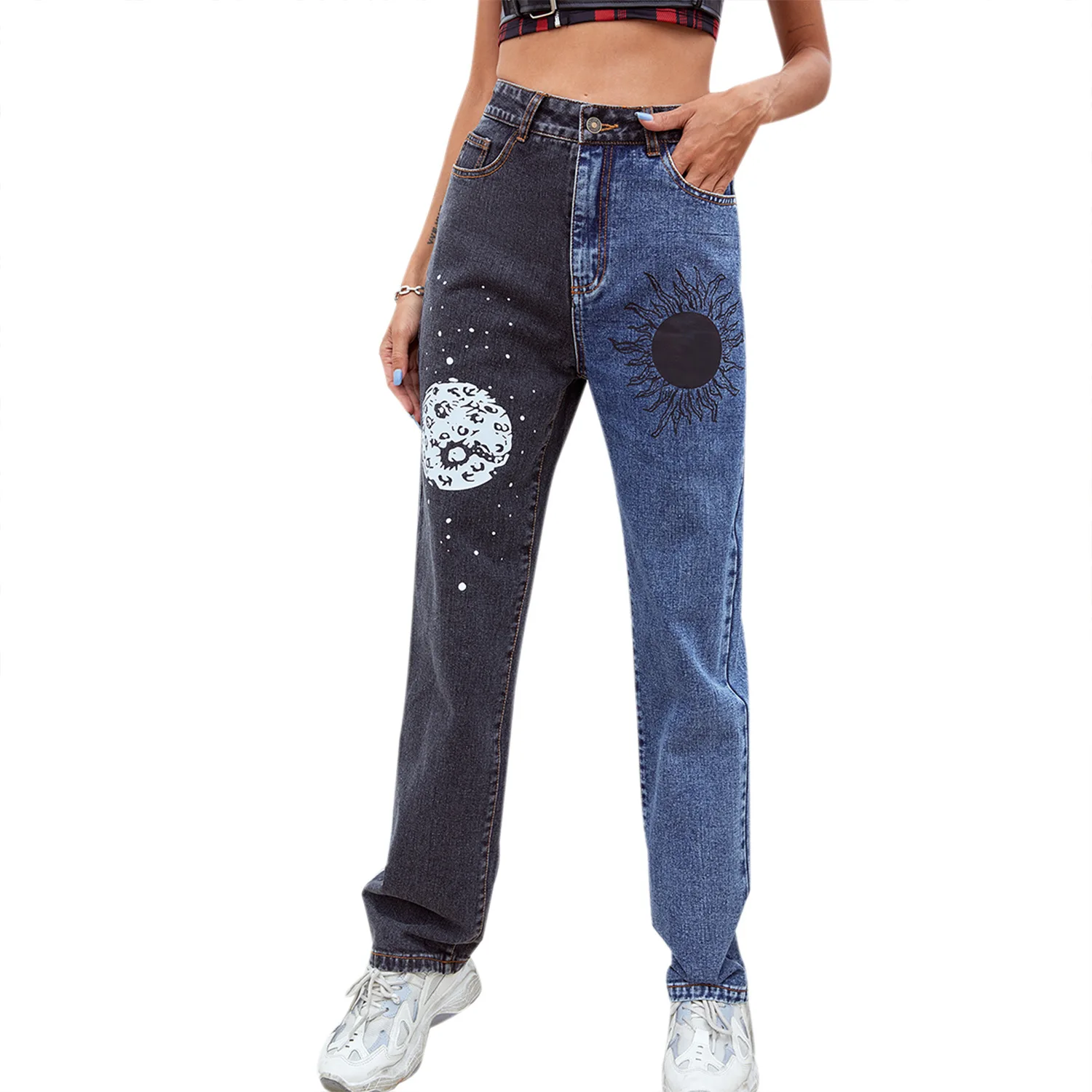 Women Variegated Color Jeans with Pockets High Waist Straight-leg Trousers XS/ S/ M/ L |