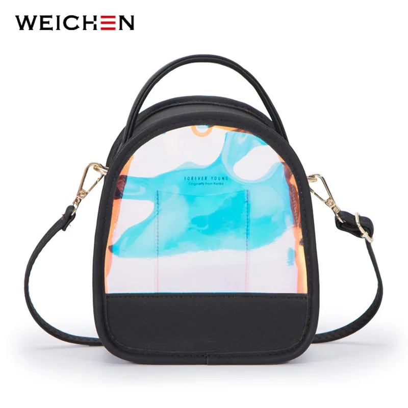 ##BUY WEICHEN Laser Shine Clear Backpacks Women Multifunction Leather Small Shoulder Bag Ladies Transparent Mochila Backpack Female