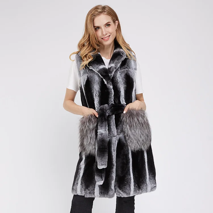 autumn winters fashion new long Fur pocket the whole leather rex rabbit Fur fox fur waistcoat