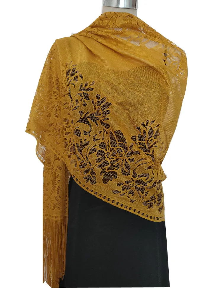 Sparsil Women Summer Hijab Scarf Elegant Fashion Hollow Out Shawls Wedding Party Lace Chiffon Wraps With Tassel For Ladies