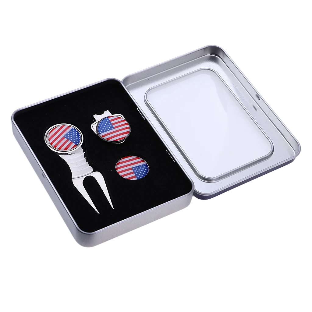Golf Divot Tool Ball Marker Hat Clip Patriotic Golf Gift Case Set Accessory