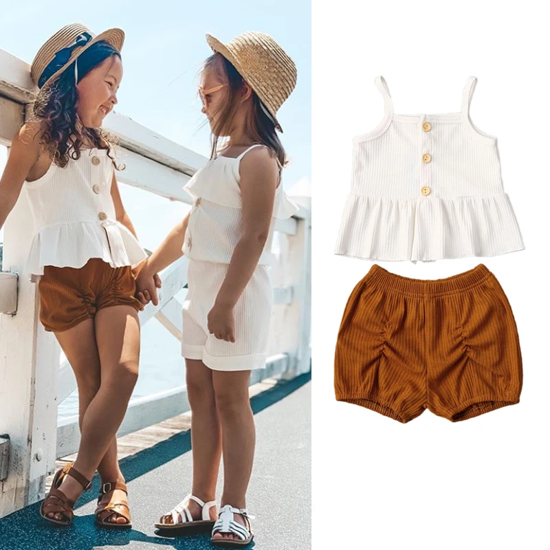 03y Summer Toddler Baby Girls Clothes Sets White Button Vest Tops