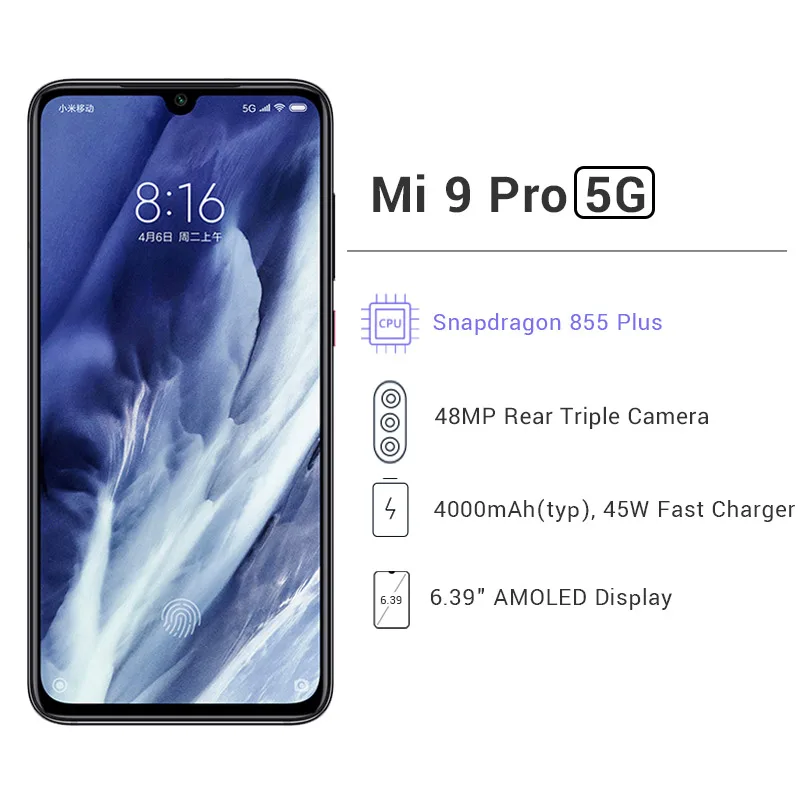 Xiaomi Mi 9 Pro(5G) 12GB 512GB Snapdragon 855 Plus Восьмиядерный мобильный телефон 48MP Тройная задняя камера 6,3" VC жидкостное охлаждение QC4