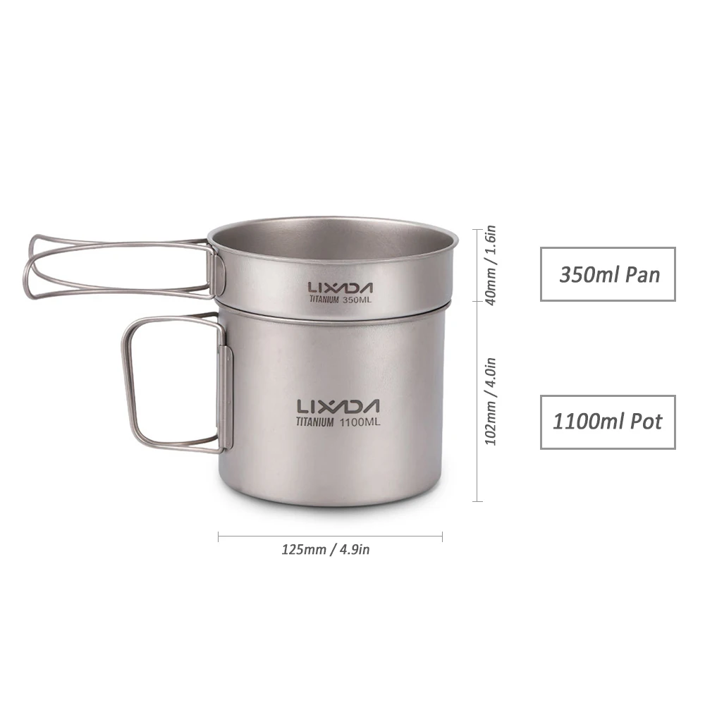 

Hot New Ultralight Titanium 1100ml Pot and 350ml Fry Pan Cookset Outdoor Camping Cookware Set with Folding Handles