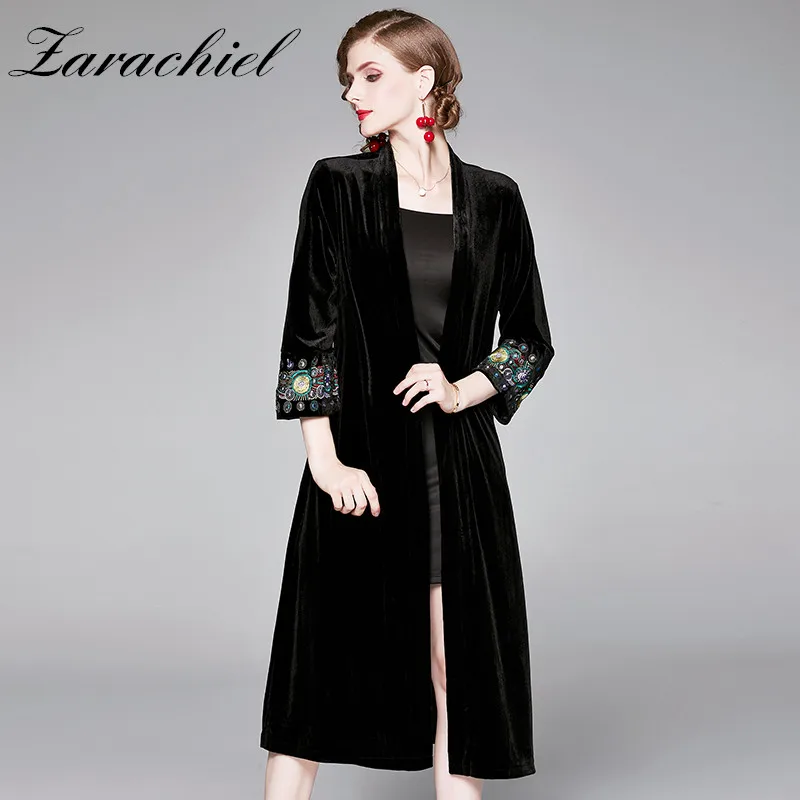 Осенне-зимнее женское модное черное бархатное пальто-Тренч с вышивкой спереди и карманами, деловая шаль-накидка, длинный кардиган-пальто - Цвет: Черный