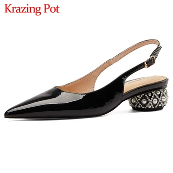 

Krazing Pot pointed toe pearl decorations med heel French romantic office lady daily wear buckle strap fashion women pumps L9f1