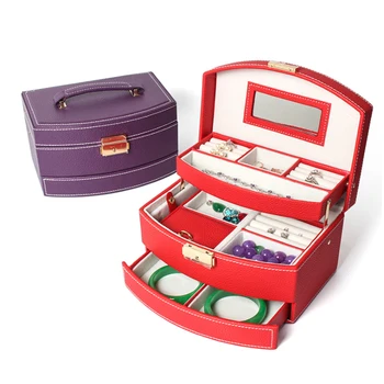 

Automatic 3 Layers Jewelry Packaging Box With Drawers Necklace Rings Earring Jewelry Case With Lock Makeup Mirror Gift Box