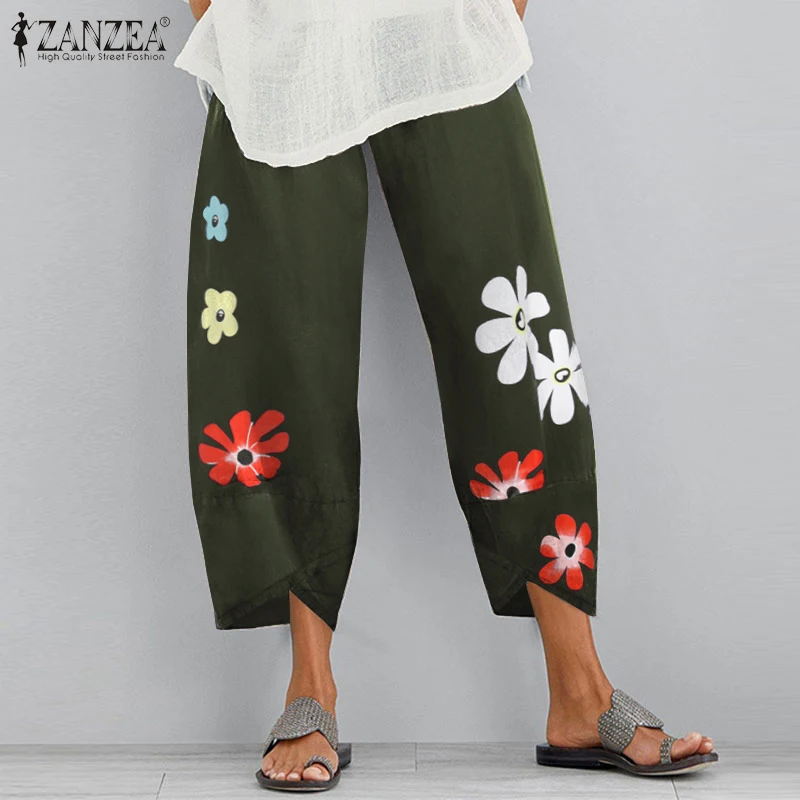 ZANZEA Viintage Print Trousers Womens Harem Pants Autumn Casual Elastic Waist Long Pantalon Female Flower Turnip Plus Size Pant
