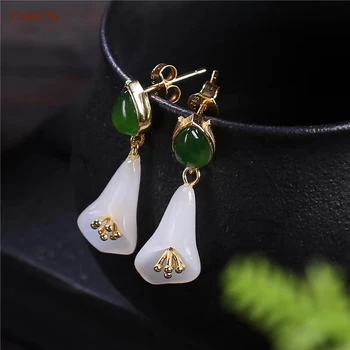 

CYNSFJA Real Certified Natural Hetian Jade 925 Sterling Silver Fine Jewelry Jade Earrings Hand Carved High Quality Best Gifts