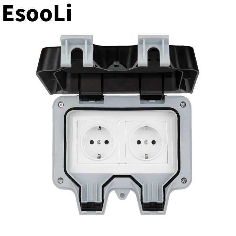 Esooli IP66 Weatherproof Waterproof Outdoor Wall Power Socket 16A Double EU Standard Electrical Outlet Grounded AC 110~250V |
