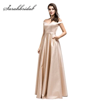 

Gold Sparkle Evening Dresses Long A-Line Off the Shoulder Vintage Formal Gown Pocket Satin Women Party Prom Dress L5502