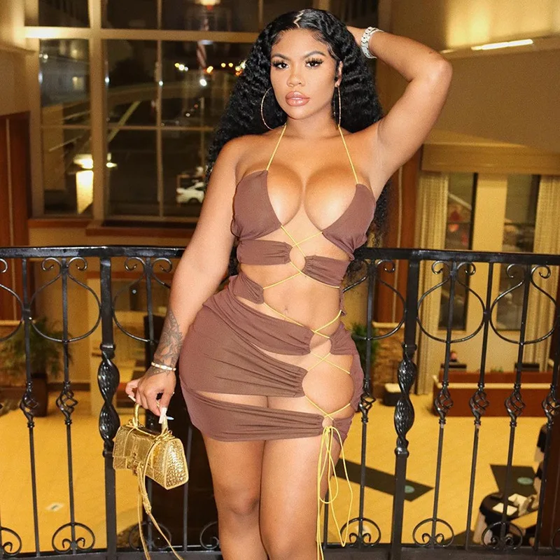 

Fashion Sexy Off Shoulder Hollow Out Bandage Female Mini Dress 2020 High Street Casual Halter Party Vacation Skinny Dress Women
