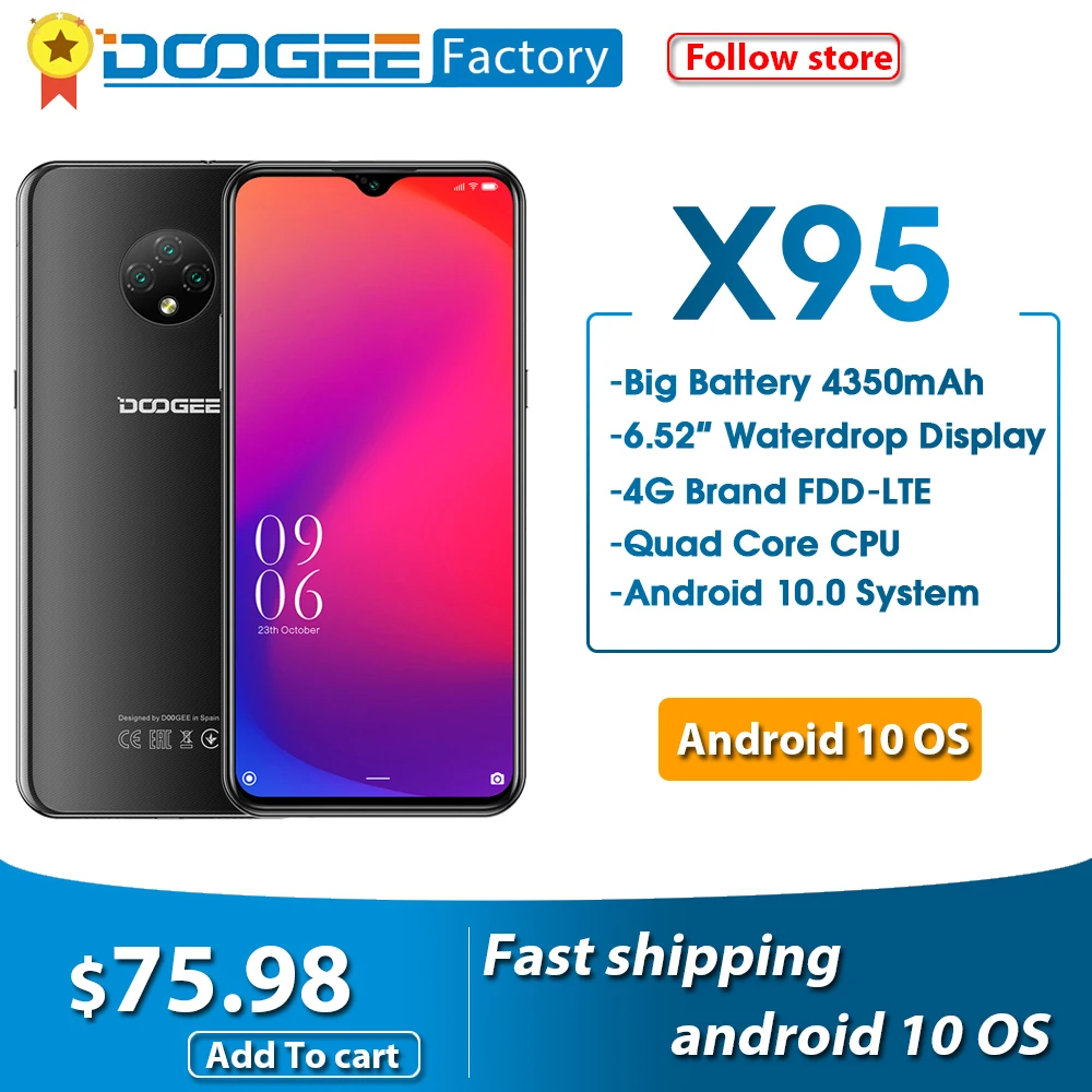 DOOGEE-Smartphone X95 con Android 10, teléfono móvil, 4G-LTE, pantalla de 6,52, 2GB, 16GB, SIM dual, cámara de 13MP, batería de 4350mAh, MTK6737
