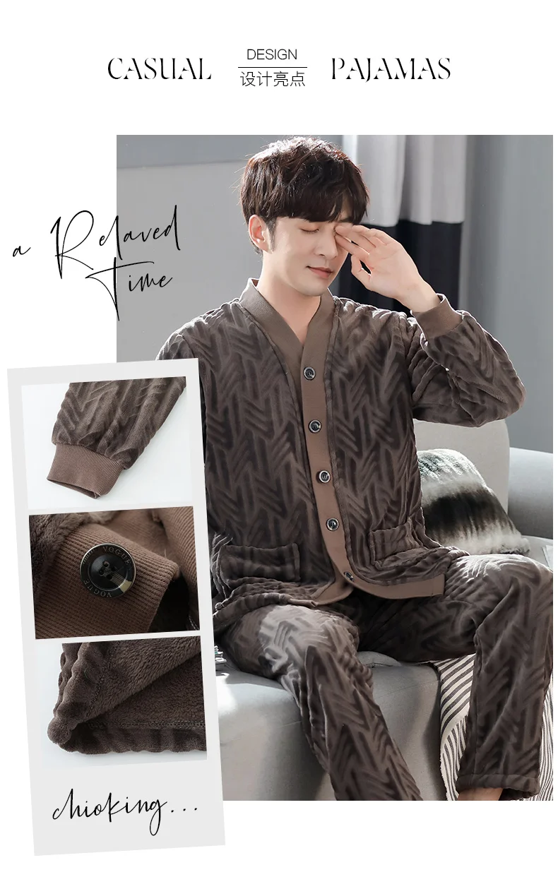 Men's Autumn And Winter Thick Flannel Pajamas Sets Long Sleeve Fashion Style Solid Warm V-Neck Sleepwear Plus Size 3XL Pijamas mens christmas pjs