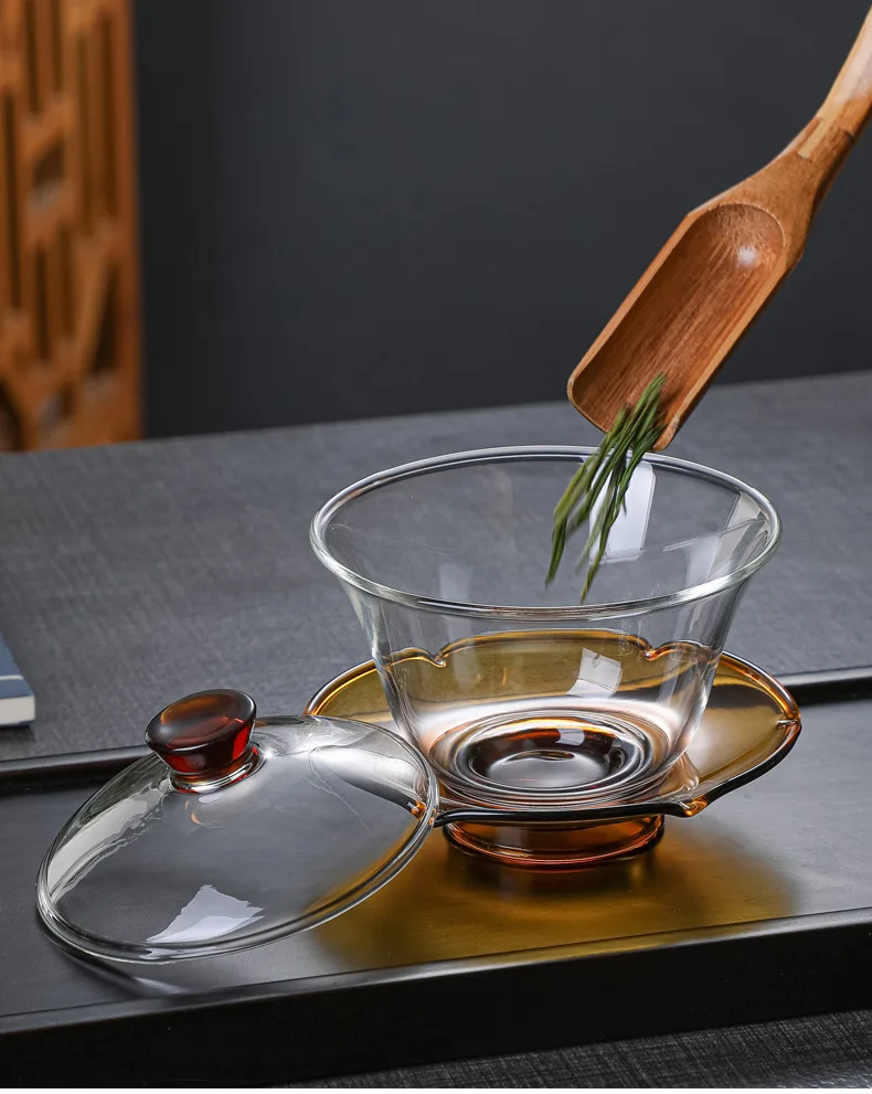 Description Picture 4 of itemHMLOVE Heat-resistant Glass Gaiwan Transparent Cover Bowl Lid Saucer Big Tea Cup Tureen Travel Teaware Sets Business Gift