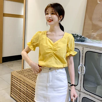 

COIGARSAM Short blouse women New Summer Chiffon Solid Puff Sleeve V-Neck blusas womens tops and blouses Yellow 9267