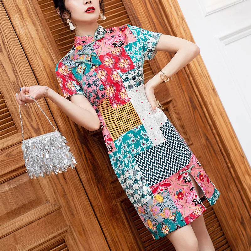 

Cheongsam 2019 Summer New Style Women's Mixed Colors Printed Retro Chinese-style Modified Version of Short 19258