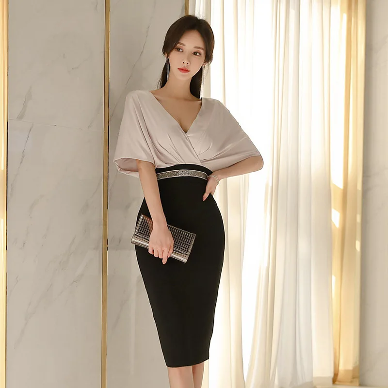 

2020 Spring New Style Ol Career Elegant Bat Sleeve High-waisted Slim Fit Slimming Mid-length Pencil Skirt Dress Women's