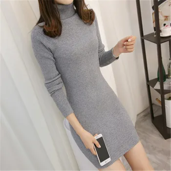

2020 Autumn Winter High Elasticity Sweater Dress Women Turtleneck Knitted Elegant Bodycon Dress n1044