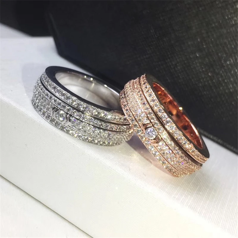

Luxury Full Diamond Rotating 18k Platinum/Rose Gold Plated Ring Women Wide Band Wedding Engagement Promise Ring Pave CZ Crystals