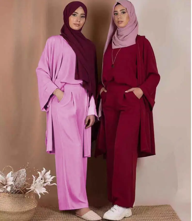 Модная скромная одежда из 3 предметов в арабском стиле для женщин, abaya cardgan + рубашки + штаны, мусульманская одежда, комплект, женский костюм в