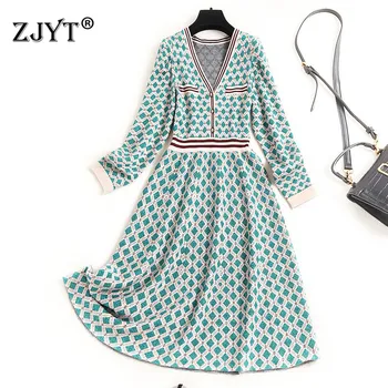 

Fashion Autumn Winter Women Clothing 2020 New Designer V Neck Long Sleeve Geometric Patterns Aline Knit Sweater Dress Casual