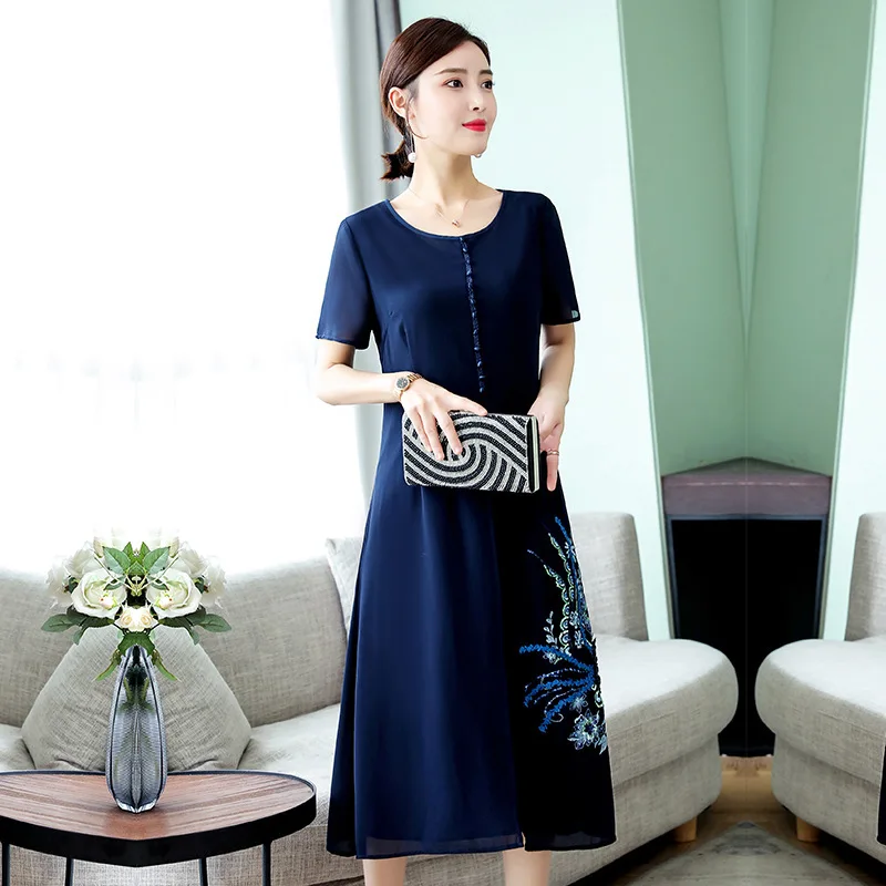 

Mom Summer Wear Chiffon Dress Short Sleeve Western Style 2019 New Style Middle-aged WOMEN'S Apparels Fashion Kuotaitai Skirt Fas