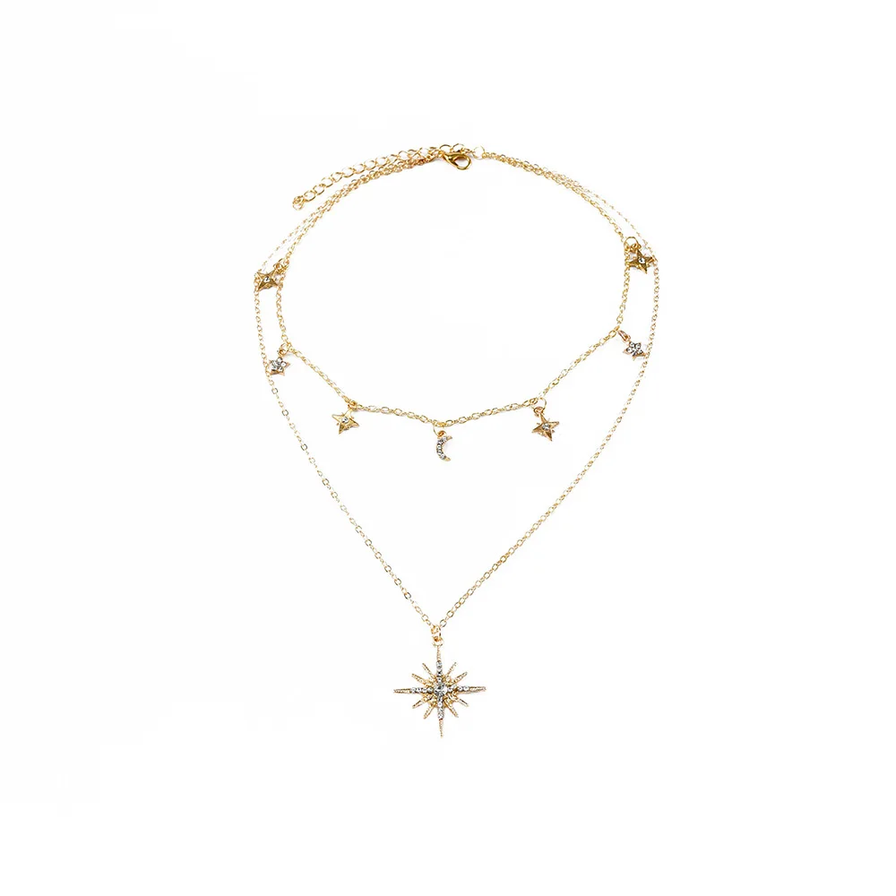 New 2020 Fashion Gold Crystal Sun Moon Star Pendant Necklaces For Women Necklace Multi Level Female Boho Vintage Jewelry Gift