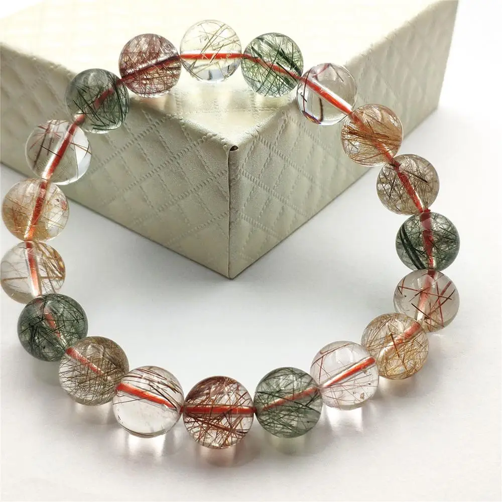 

Natural Colorful Rutilated Quartz Crystal Women Men Clear Round Beads Bracelet 11mm Love Gold Red Green Copper Jewelry AAAAA