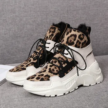 

2020 Fashion Combat Boot Woman Martin Shoes Leopard Leather Women's Chunky Boots Winter Thick Fur Warm Women Platform Sneakers