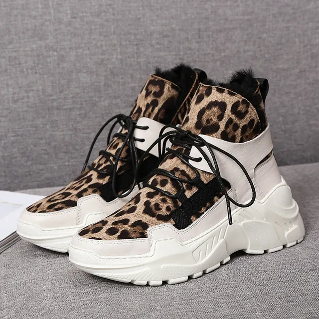 US $24.08 2020 Fashion Combat Boot Woman Martin Shoes Leopard Leather Women's Chunky Boots Winter Thick Fur W