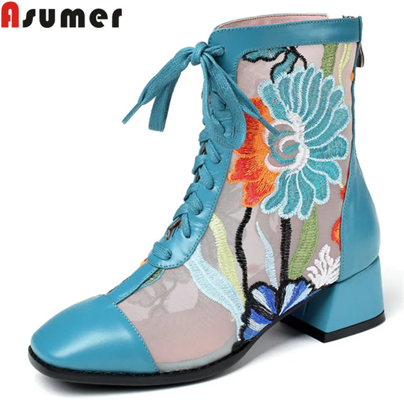 

ASUMER 2020 new summer shoes square toe mesh+cow leather boots mixed colors zip cross tied prom ankle boots big size 34-43