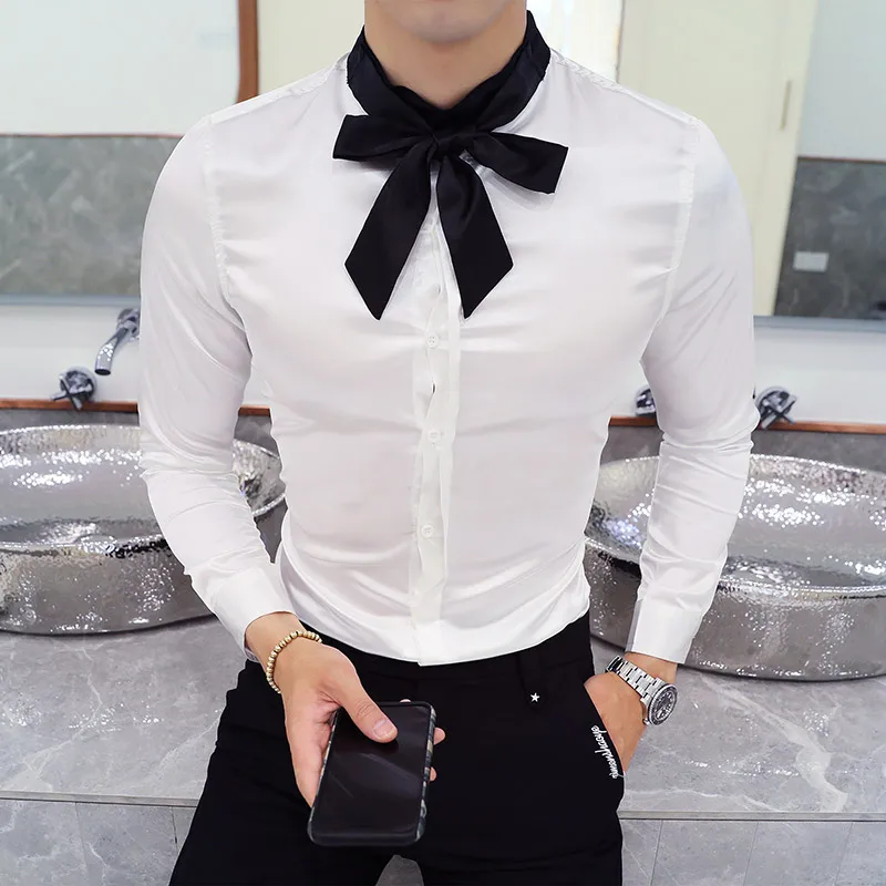 New Fashion White Dress Shirts Men Tie Long Sleeve Casual Formal Shirt Man Slim Fit Wedding 2