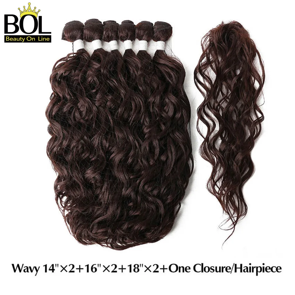

Natural Wave Synthetic #4 Hair Bundles 6 Bundles(14*2+16*2+18*2) with Closure High Temperature Resistan Fiber Hair Extensions