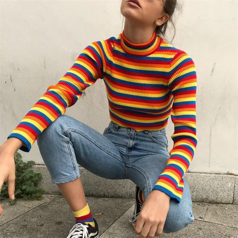

2019 New Women Sweet Jumper Striped Sweater Turtleneck Rainbow Color Slim Crop Pullover Top