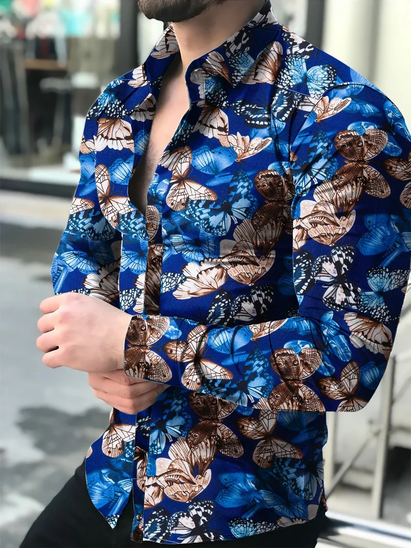 Camisa con estampado de mariposa para hombre de Camisa ajustada de camisa de manga larga para hombre de 2021 de algodón de talla e