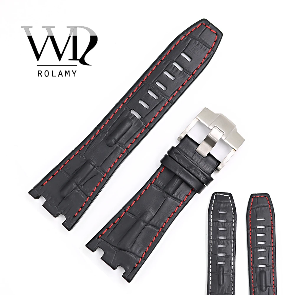 

Rolamy 28mm Black Real Leather Thick Wrist Watch Band Strap Belt With Silver Buckle For Audemars Piguet 42mm Royal Oak Offshore