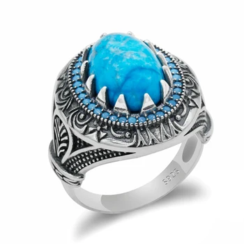 

S925 Sterling Silver Real Blue Turquoise Stone Men Ring Turkish Stone Rings for Man Women Fine Making Handmade Jewelry