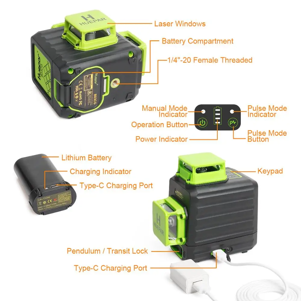 Huepar 12 Lines 3D Green Laser Level Horizontal And Vertical Cross Lines Auto Self-Leveling With Hard Case Indoors and Outdoors laser level