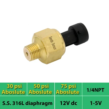 

cost effective pressure transducer, 30psi, 50 psi, 75psi absolute,1V to 5V, 1 4 NPT thread, 12V, 24V, AISI 316L diaphragm, IP65