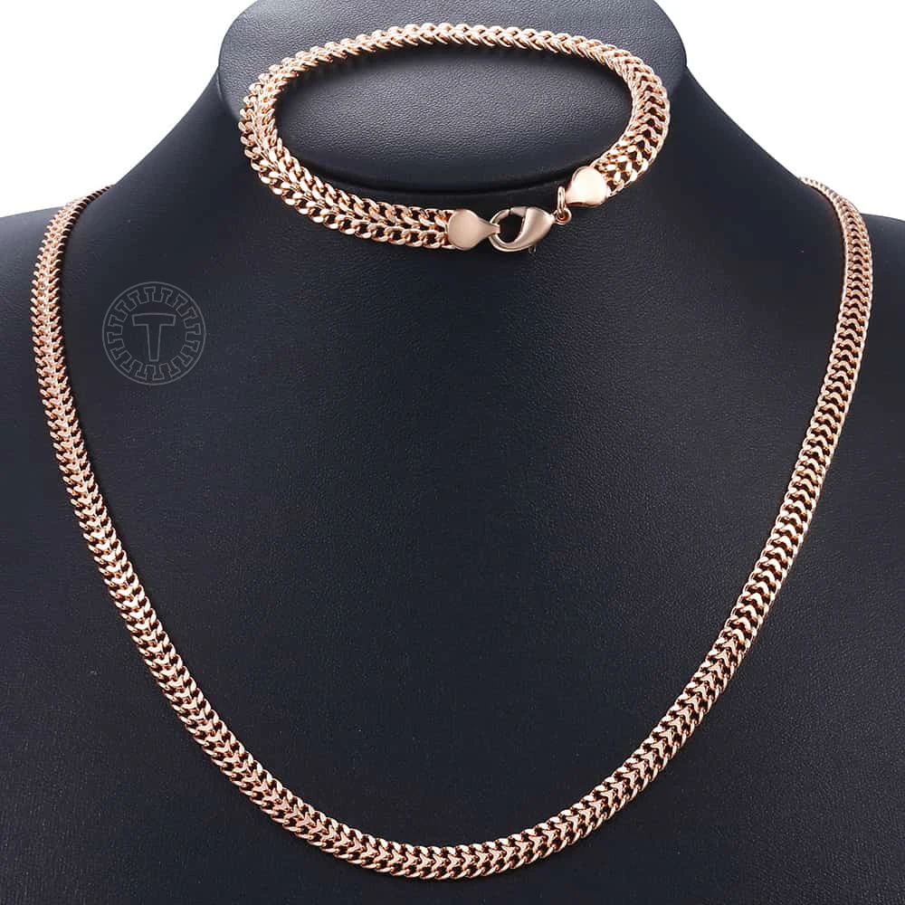 Jewelry Sets Men Women's 585 Rose Gold Color Bracelet Necklace Set Double Curb Cuban Weaving Bismark Chain Wedding Gift KCS04