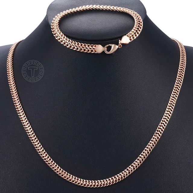 Men Women's Jewelry Sets 585 Rose Gold Bracelet Necklace Set Double Curb Cuban Weaving Bismark Chain 2021 Wedding Gift KCS04 2