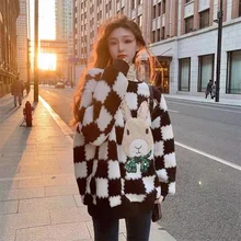 

Fleece Sweater Checkerboard Loose Cartoon Kawaii Graphic Hoodies Embroidery Lamb Wool Pullover Women's Clothes Winter 2021