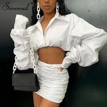 Simenual Bodycon Party Women Matching Sets Long Sleeve Fashion Ruched Solid 2 Piece Outfits 2020 Clubwear Crop Top And Skirt Set Simenual Bodycon Party Women Matching Sets Long Sleeve Fashion Ruched Solid 2 Piece Outfits 2020 Clubwear Crop Top And Skirt Set