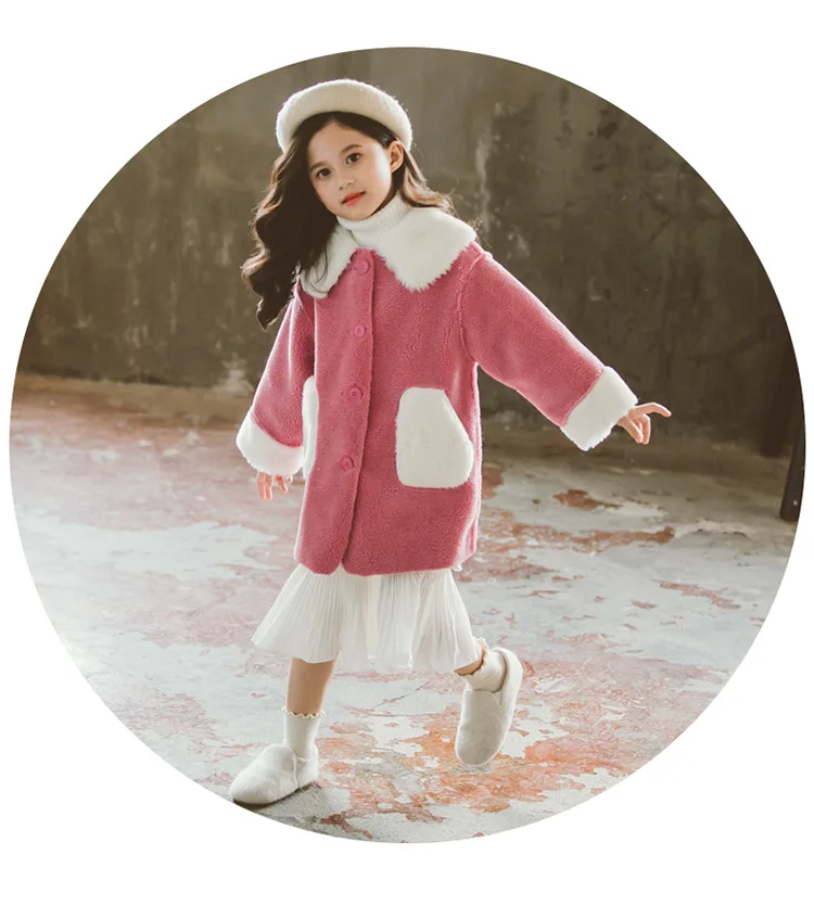 

New winter England style Artificial faux fur with skin hit color turn down collar long section jacket outwear for teenage girls