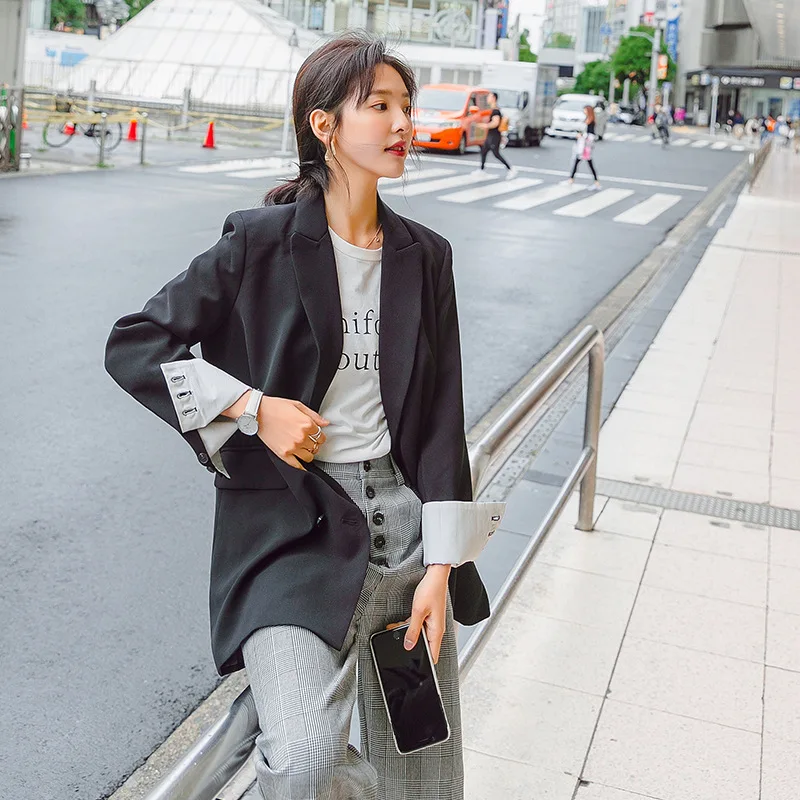 

2019 Autumn Clothing New Style Korean-style Hong Kong Flavor CHIC Retro Small Suit Coat Student Loose-Fit Black And White with P