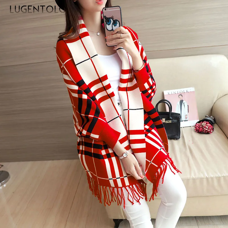 Lugentolo Womens Ponchos Knitted Plaid Printed Cardigan Bat Sleeve Fringed Autumn Winter Casual Fashion New Women Cape |