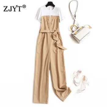 

Elegant Patchwork Summer Jumpsuit Women 2020 New Fashion Short Sleeve Color Block Long Overalls Office Rompers Womens Jumpsuits
