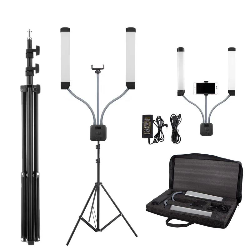 Photo Studio Double Arms Fill Selfie Ring light with 200cm Tripod Long LED Strips add Stand 3000K-600K LED For Camera